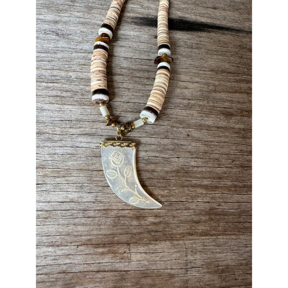 Handcrafted Boho Seashell Necklace With Carved Horn Pendant - Picture 7 of 8